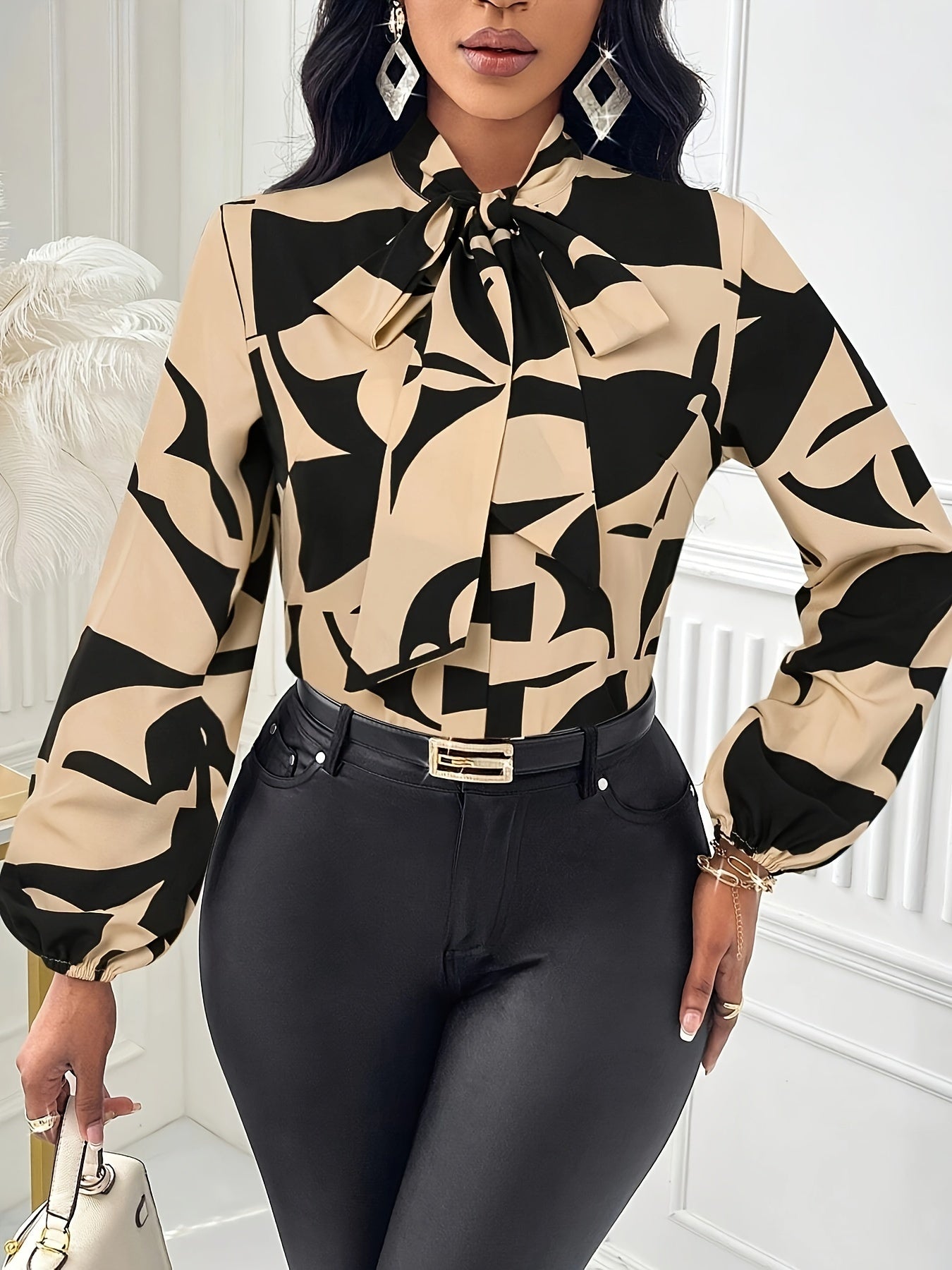 Elegant Geometric Print Blouse with Tie-Neck & Lantern Sleeves - Machine Washable, Beige & Black Color Block Design, Versatile for All Seasons, Perfect for Office or Casual Outfits